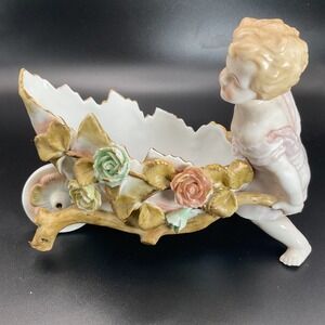 Rare Antique VOIGHT Brothers Sitzendorf Germany Cherub Putti Pushing Wheelbarrow